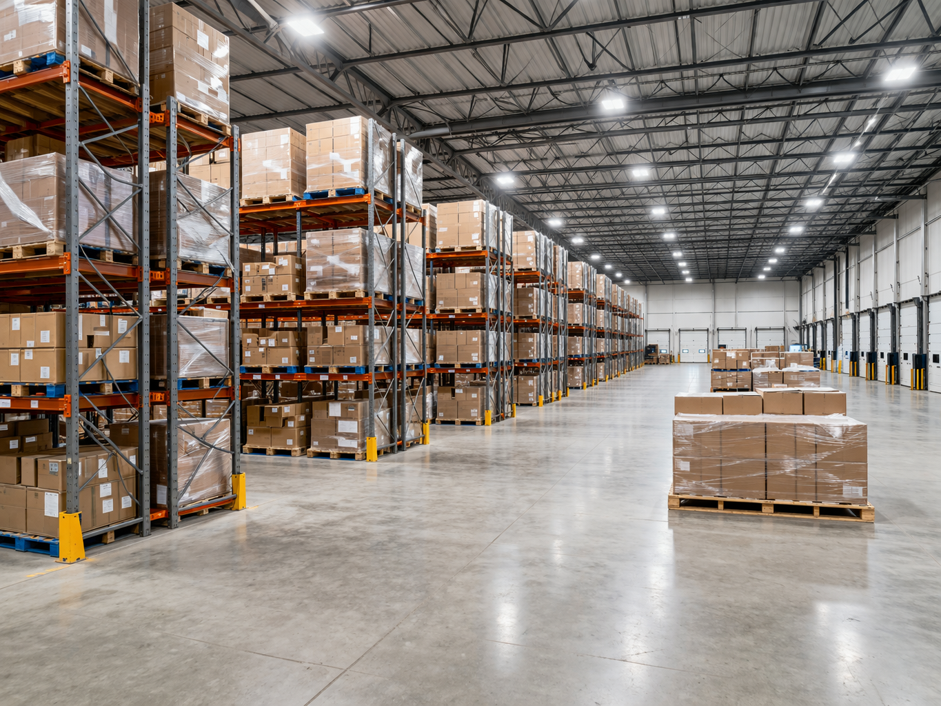 Warehouse interior with high bay racking and overhead lighting