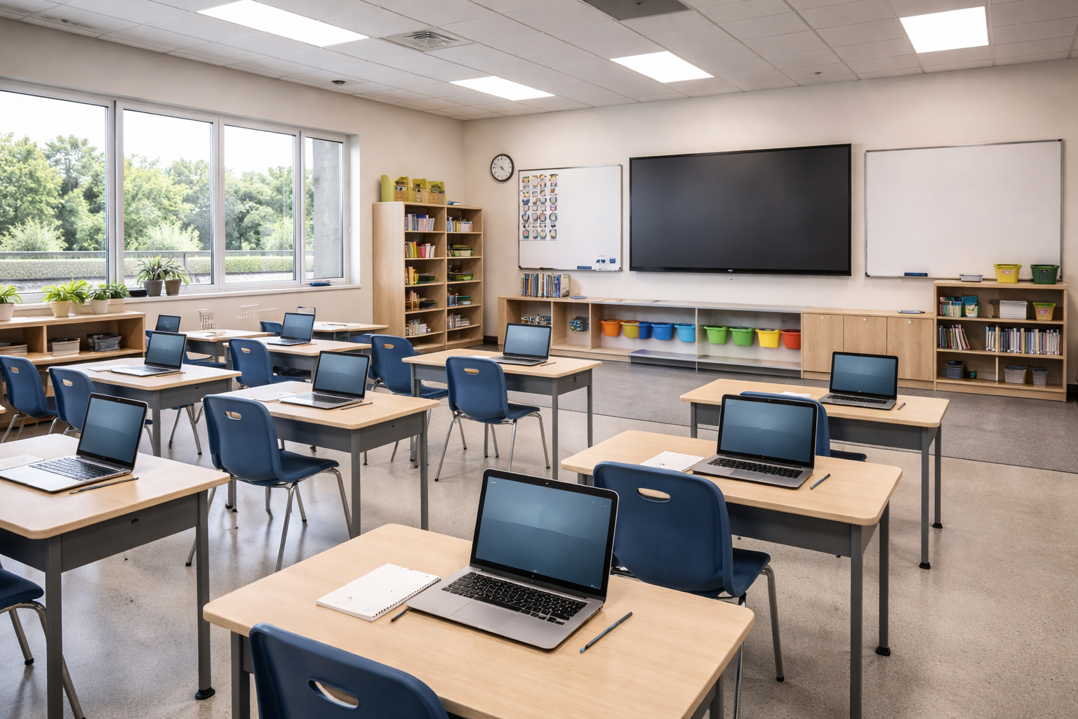 Modern classroom with Chromebooks and display screen