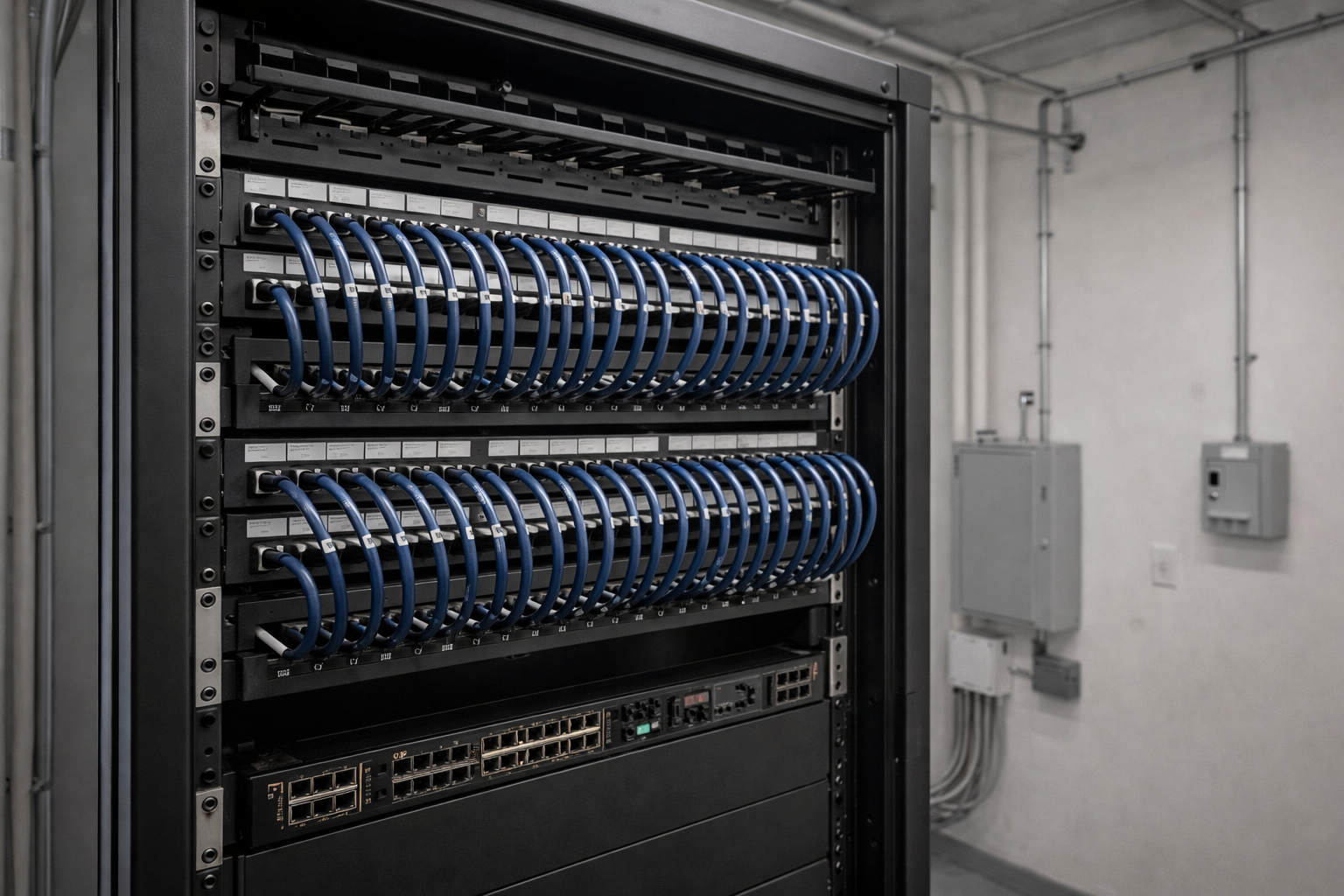 School network closet with organized patch panels and switches