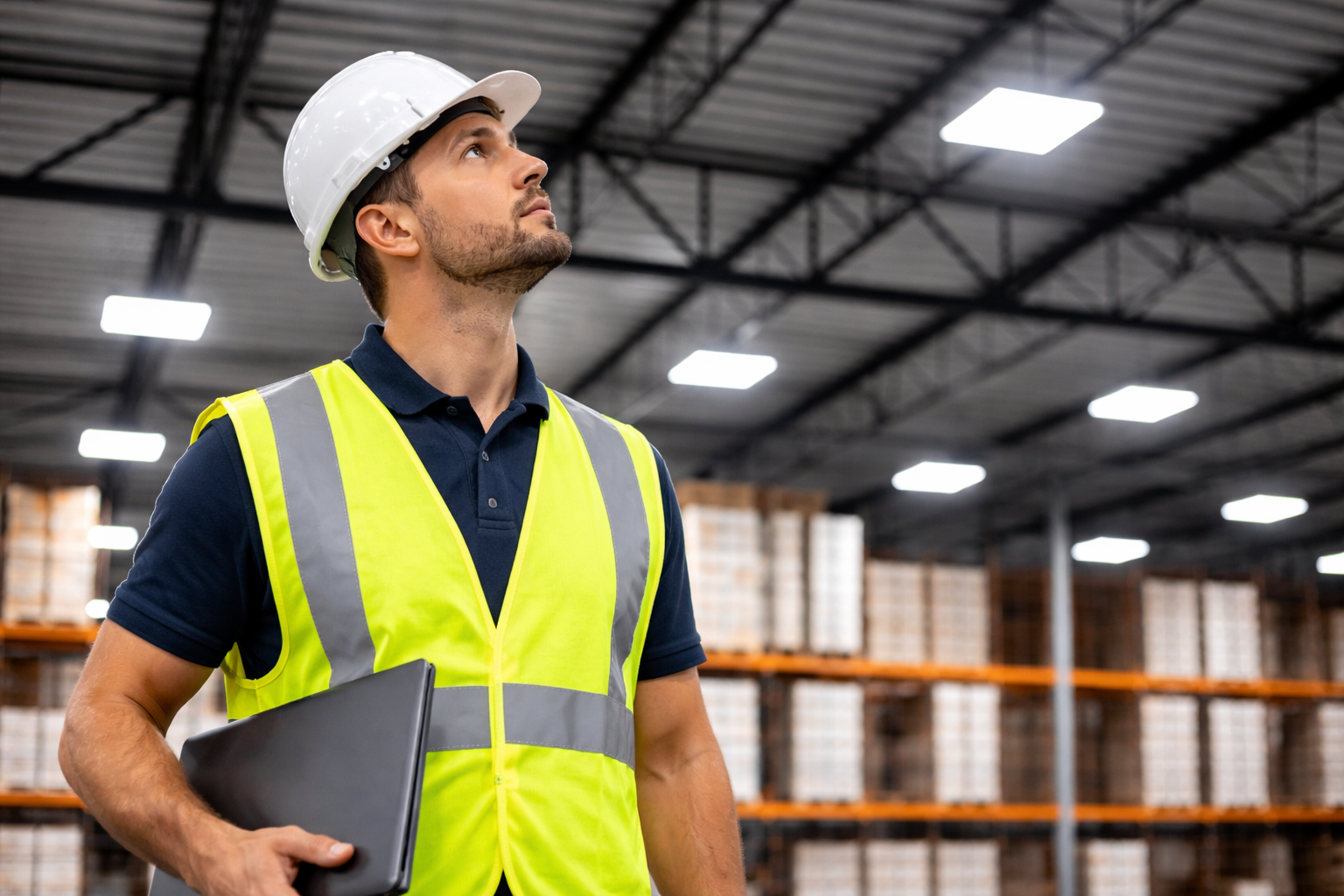 Network engineer inspecting warehouse ceiling infrastructure