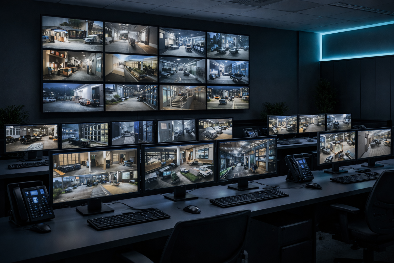 Corporate security operations center with multiple camera feed monitors