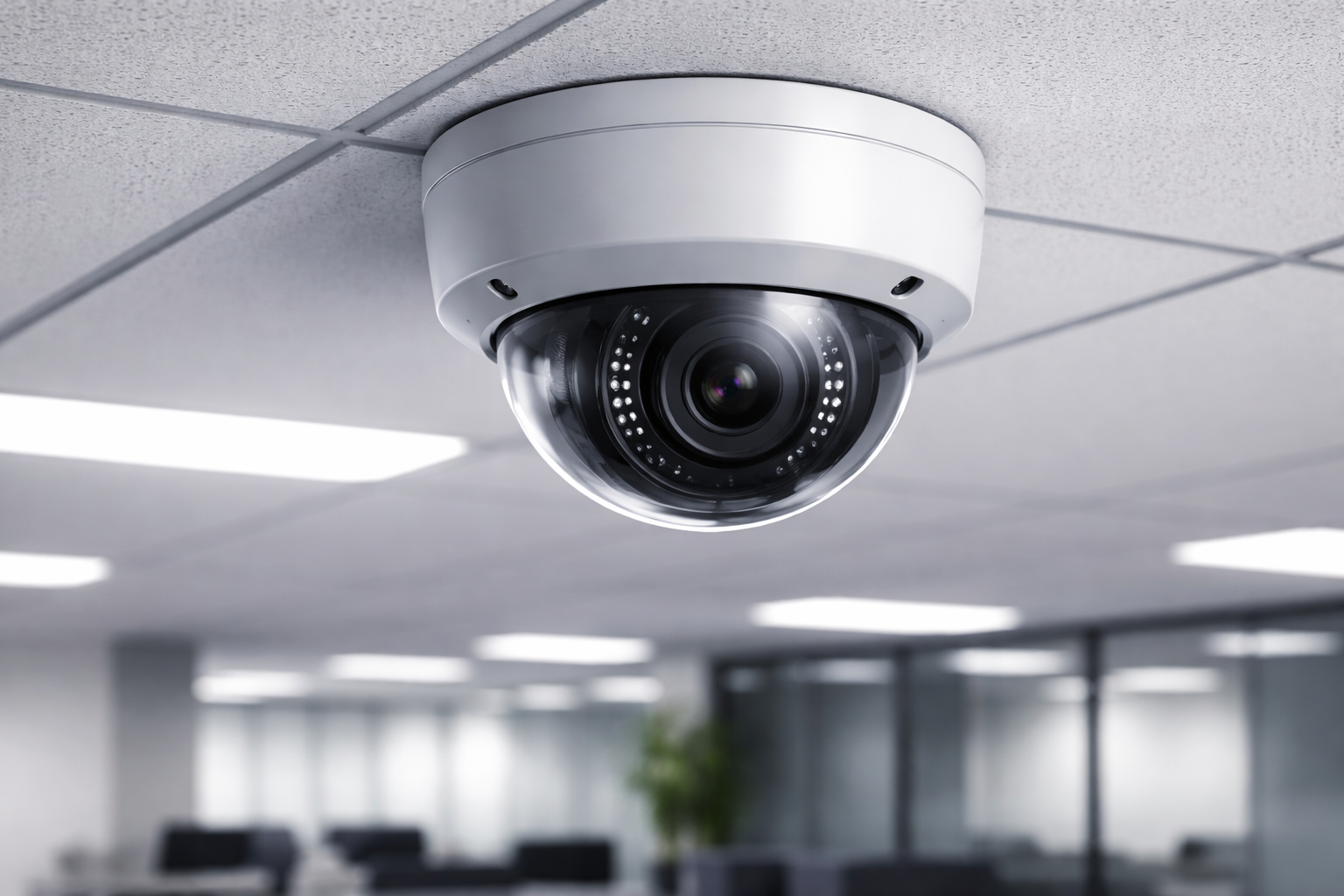 IP security camera dome mounted on corporate office ceiling