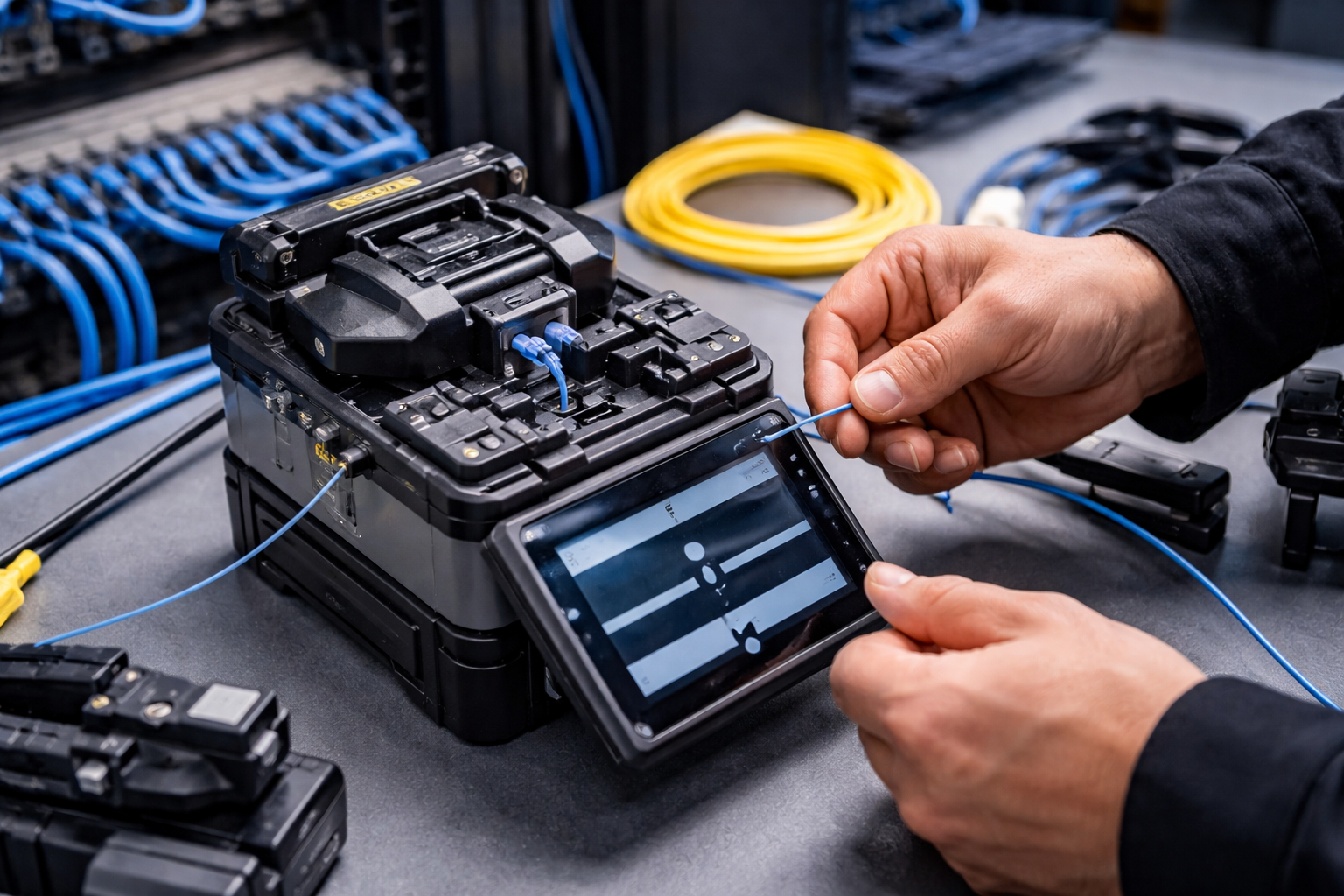 Fiber optic cable fusion splicing technician performing copper to fiber upgrade in Southern California