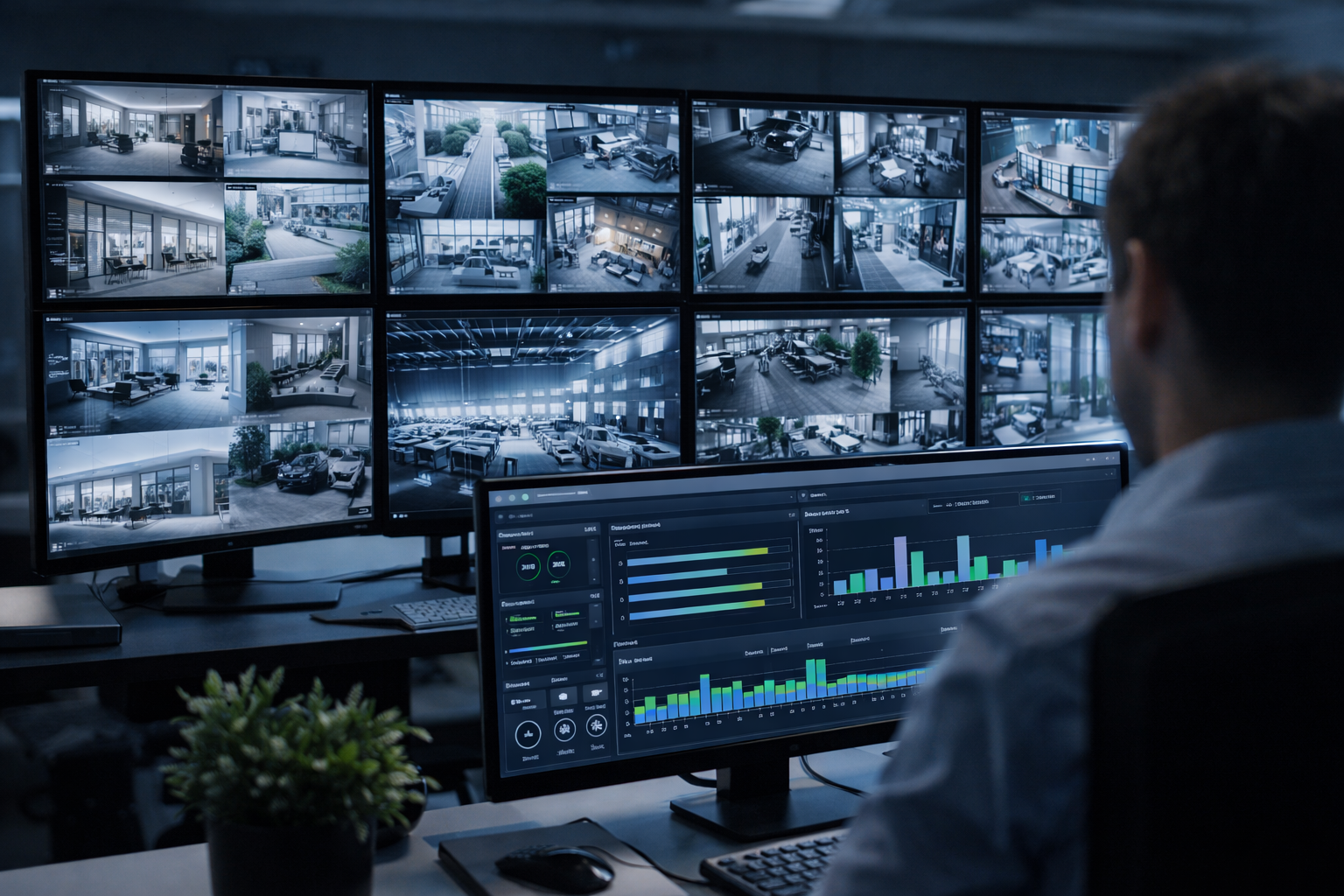 Security operations center with VMS dashboard displaying video analytics across multiple monitors in Southern California facility
