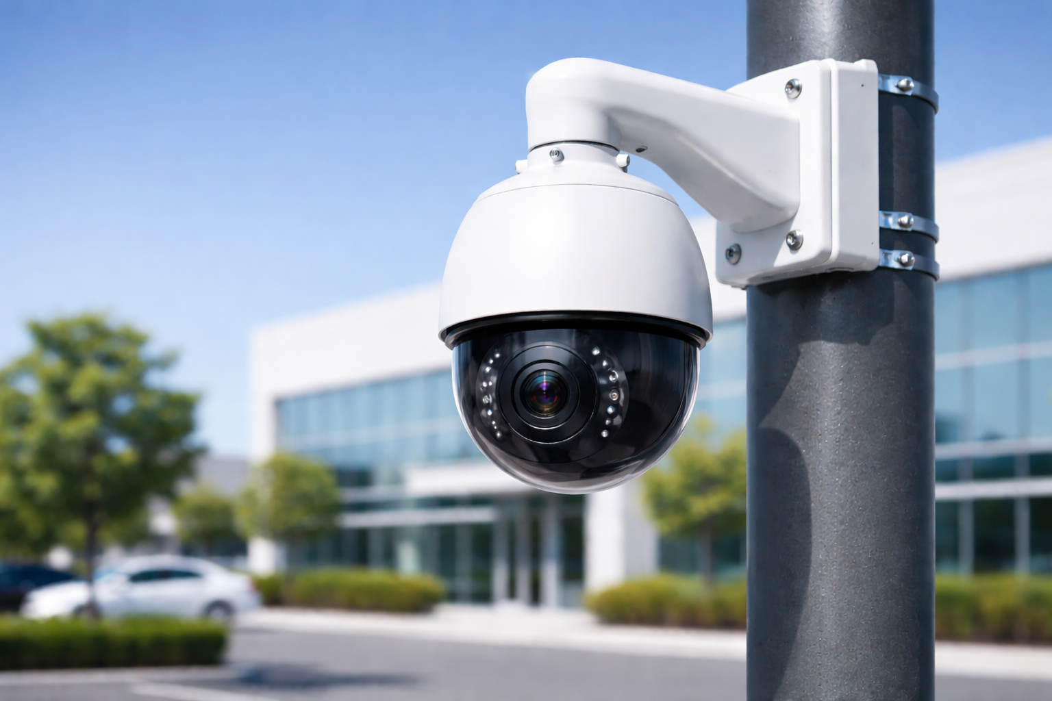 Outdoor PTZ security camera mounted on pole against blue sky for Southern California commercial facility