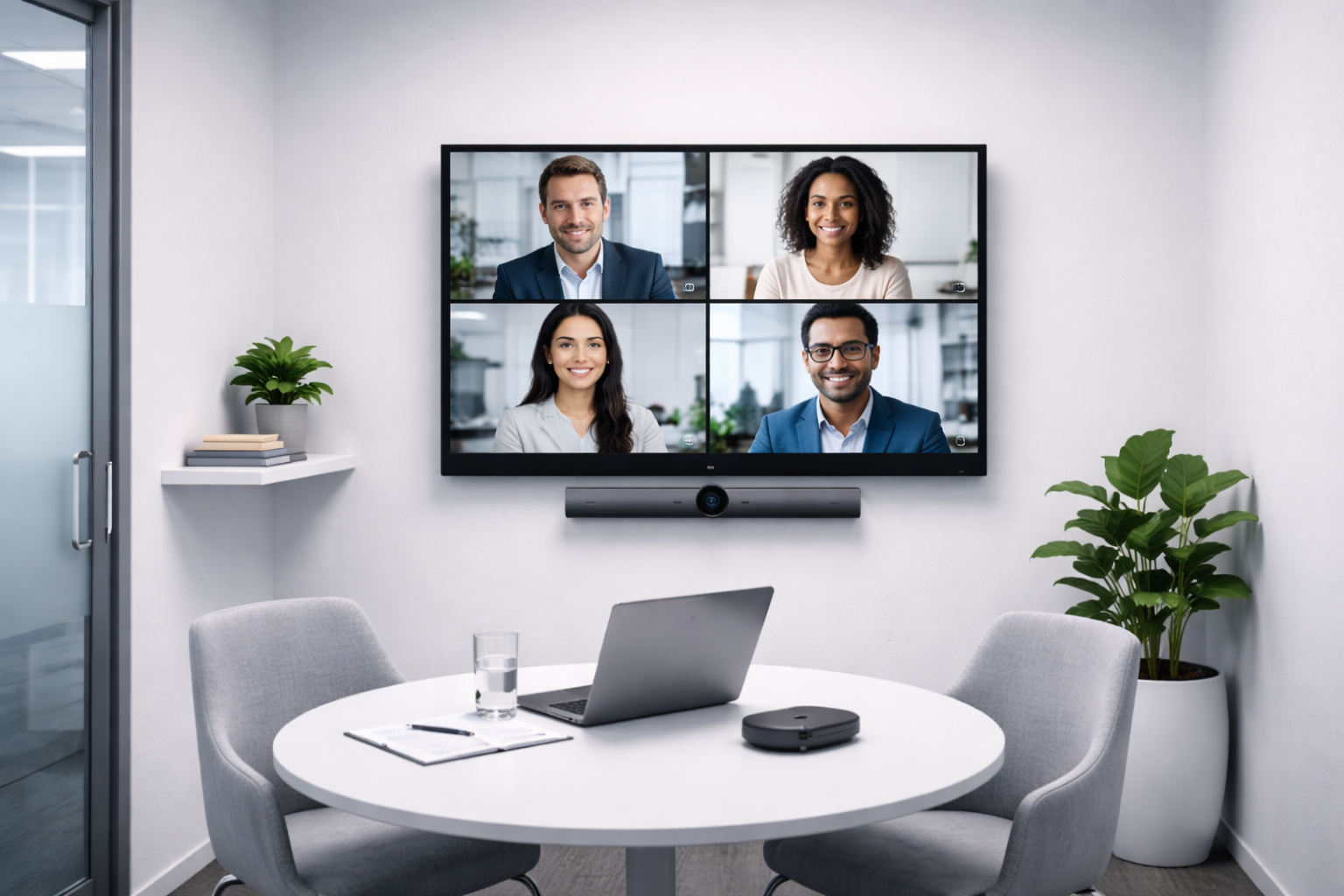 Standardized conference room with Teams Rooms display, ceiling microphone array, and touch panel controller for Southern California multi-site organization