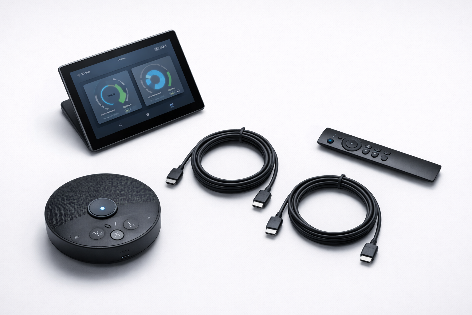 Touch panel controller showing one-button-to-join conference room interface for Southern California AV standardization project