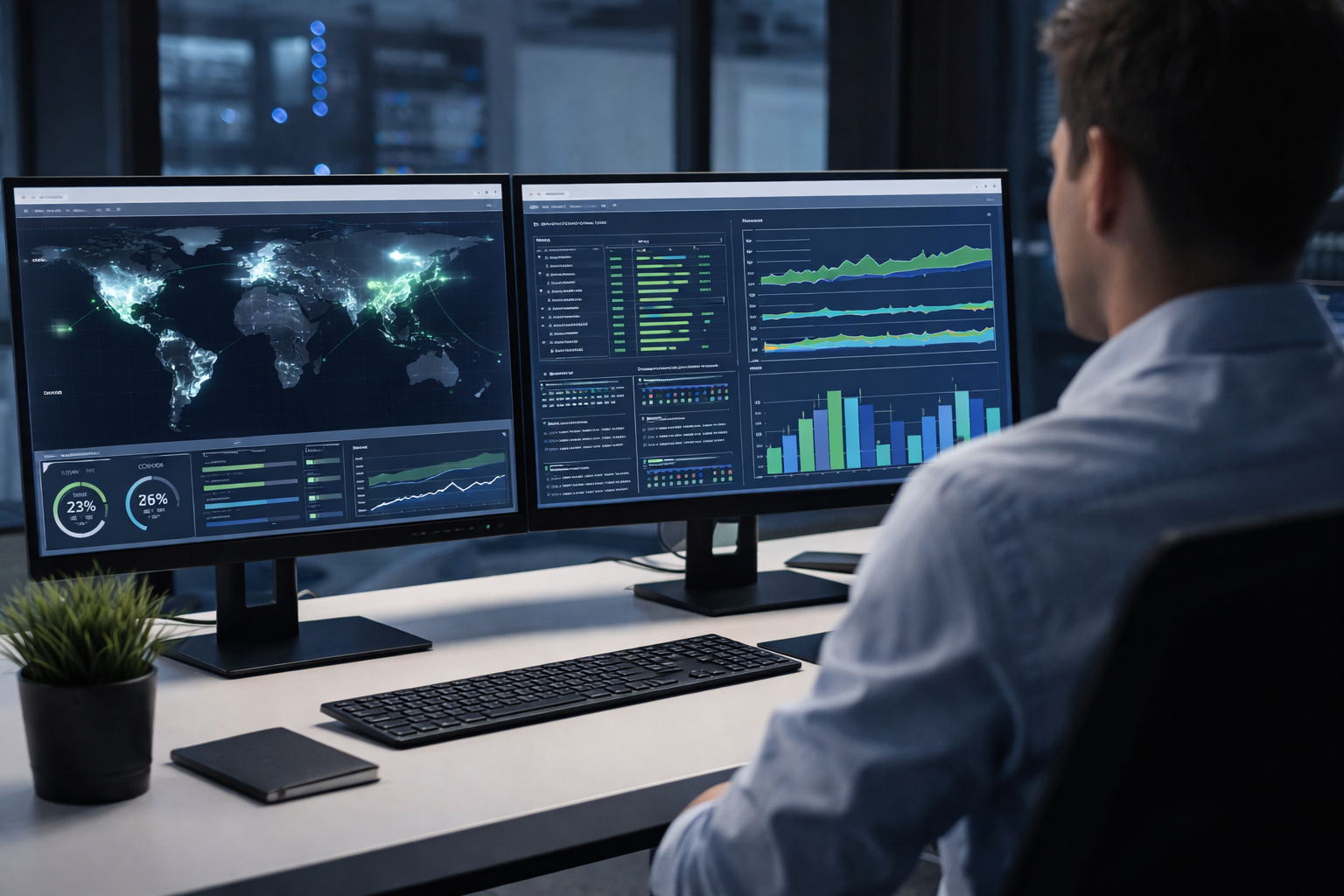 IT professional reviewing SD-WAN network performance dashboards across multiple monitors