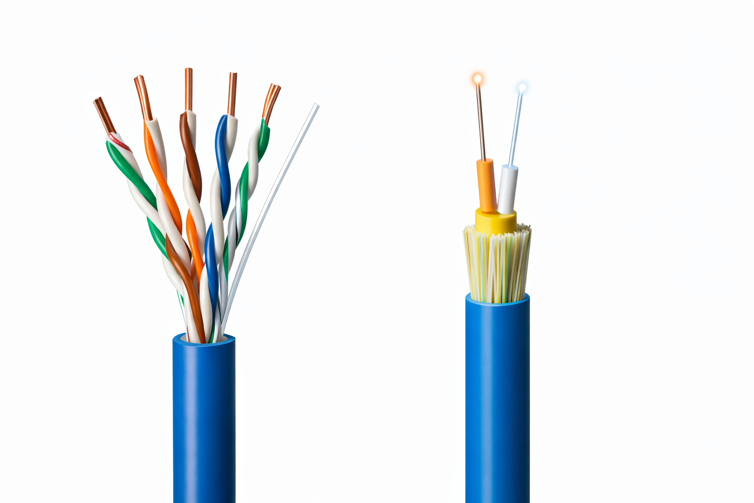 Split image showing copper Cat6A cabling on left and fiber optic cable on right for Southern California infrastructure comparison