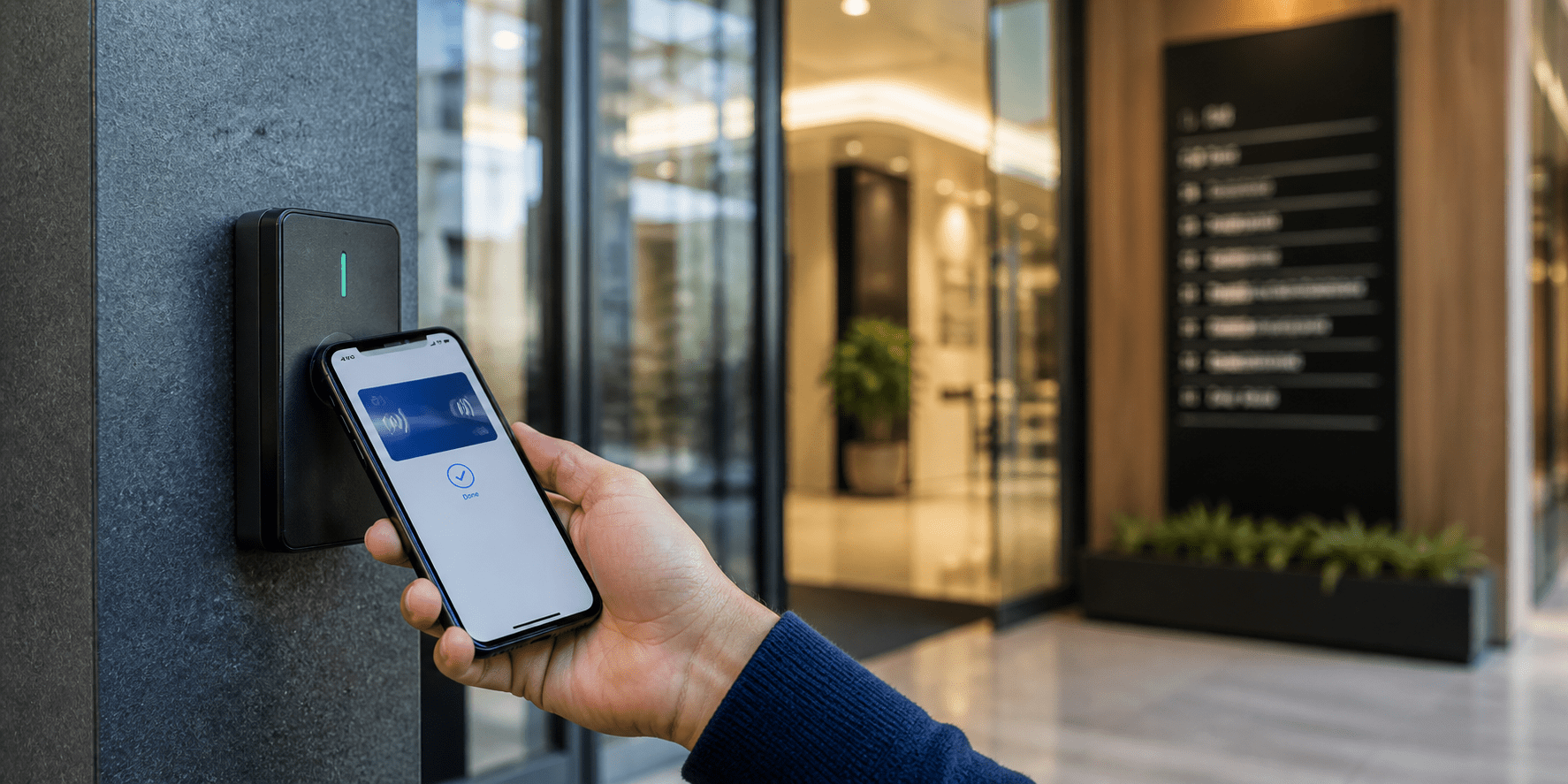 Modern access control reader with mobile credential at multi-tenant office building